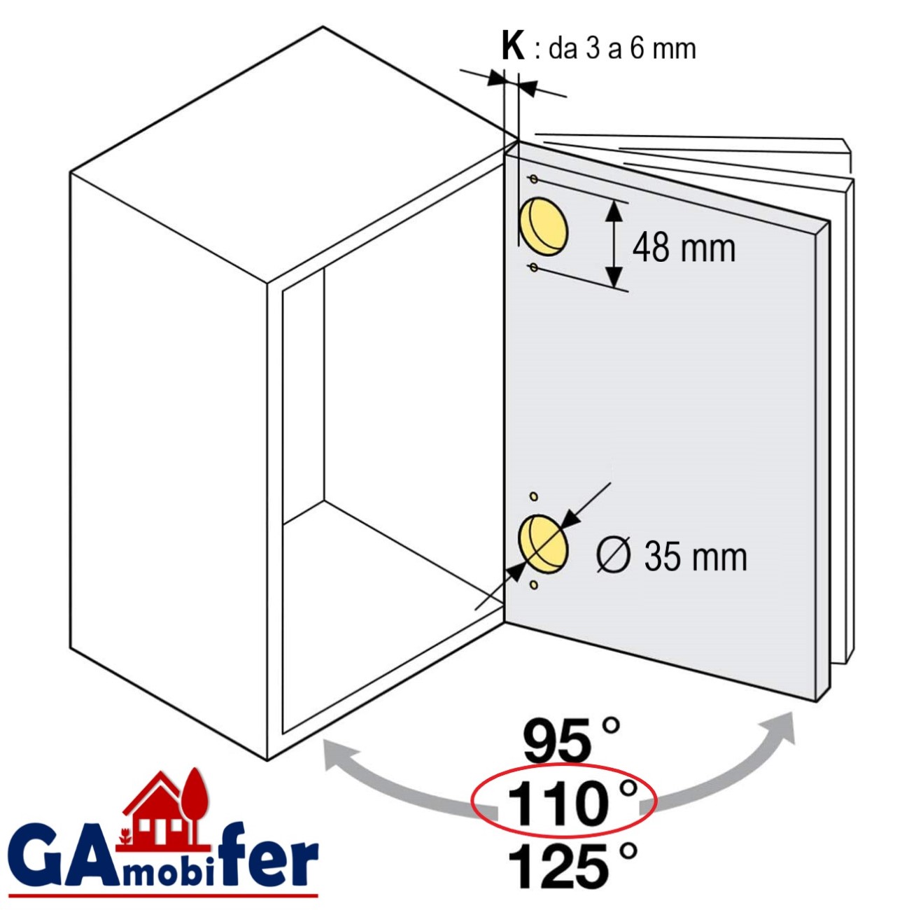 Kit Cerniera SALICE universale per mobili con apertura 110°, Collo Basso "0" a Battuta. - immagine 4