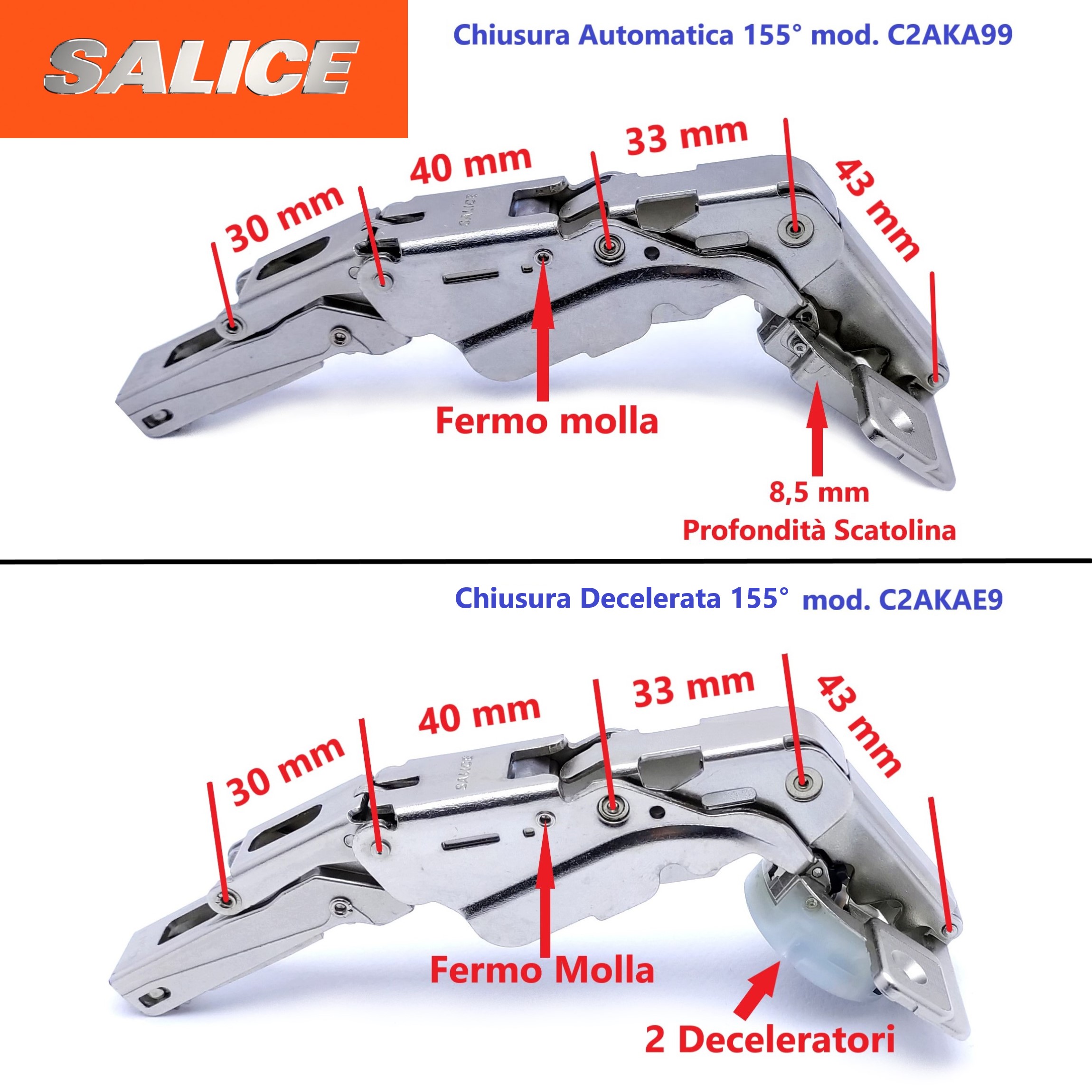 Cerniera SALICE, per ante con apertura fino a 155°, Collo 0 (Battuta Intera) con Decelerazione O Chiusura Automatica - immagine 3