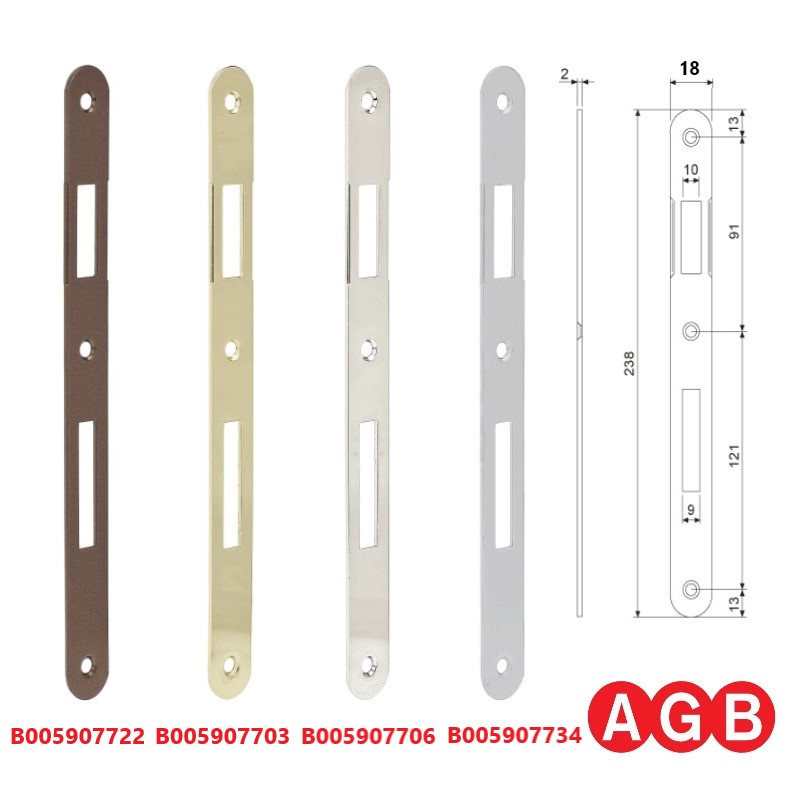 Piastra Incontro AGB 18x238 mm, per serrature B0059 PATENT Grande, Bordo Tondo.