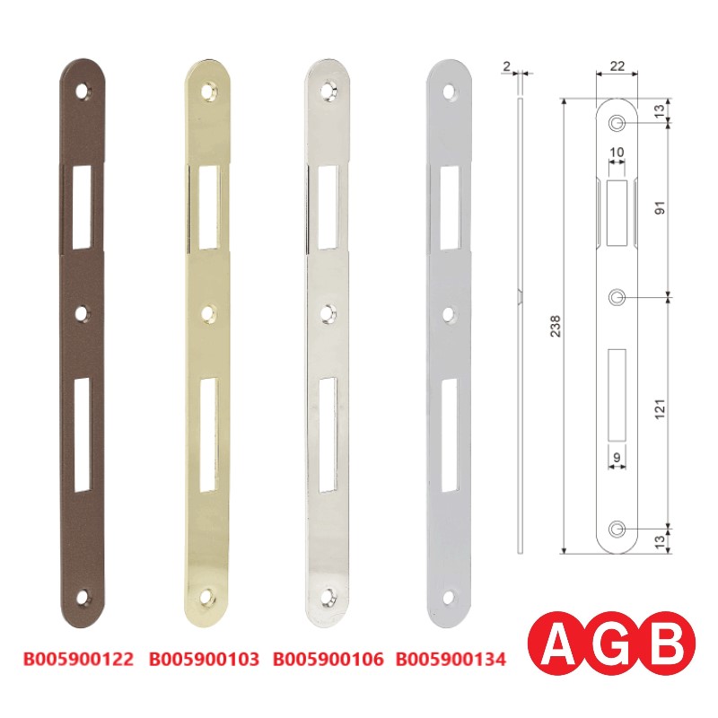 Piastra Incontro AGB 22x238 mm, per serrature B0059 PATENT Grande, Bordo Tondo.