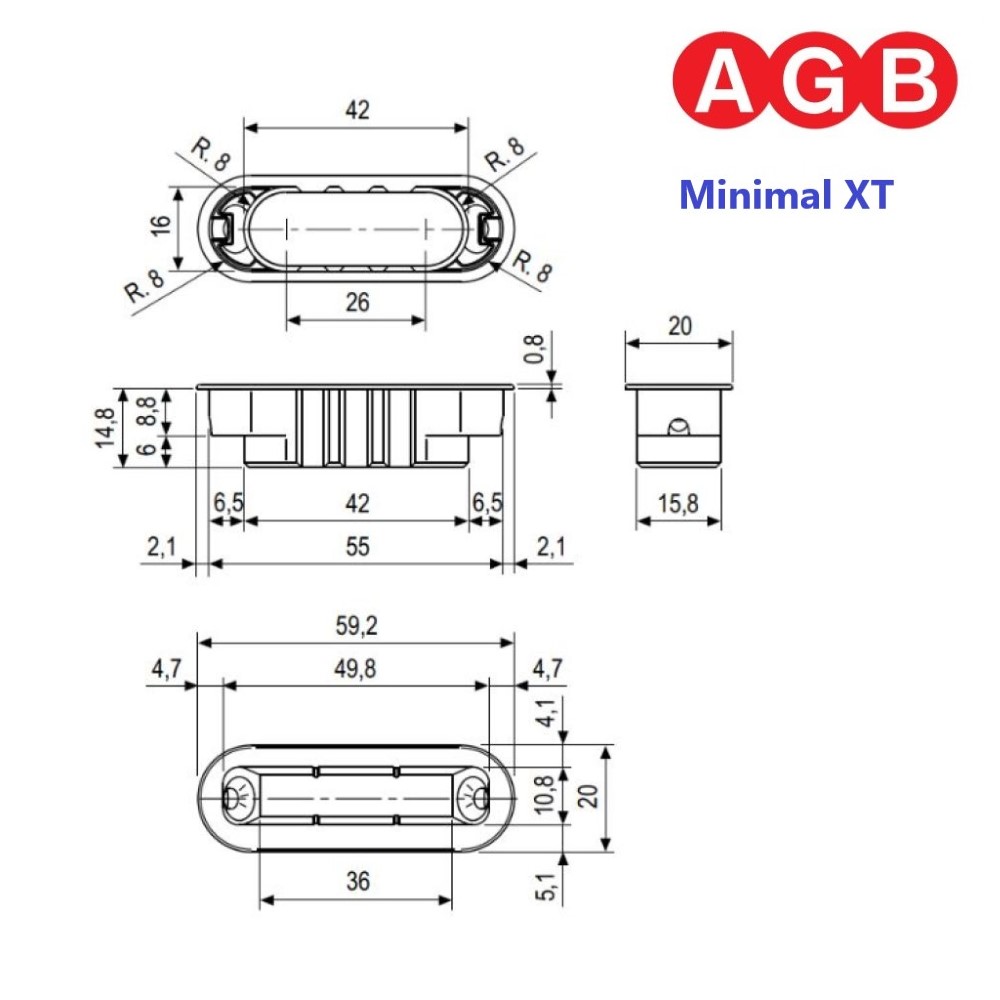 Incontro Minimal XT AGB in Nylon 59,2x20 mm, con Magnete, per serrature B0610 PORARIS, Bordo Tondo. - immagine 2