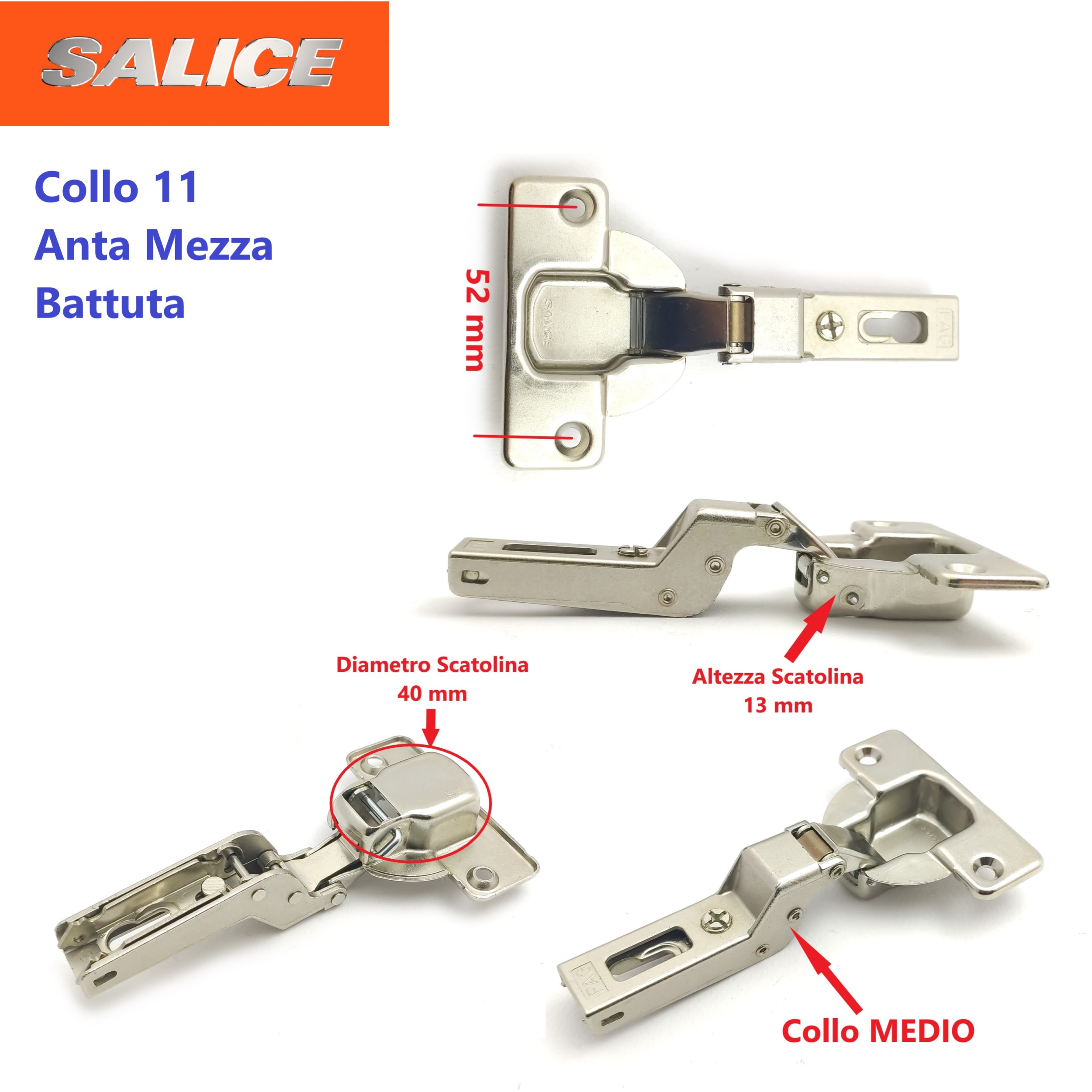 Cerniera SALICE per Ante di Forte Spessore, con Angolo di Apertura 94°, Foro Alloggio Scatolina Diametro Ø 40 mm. - immagine 6