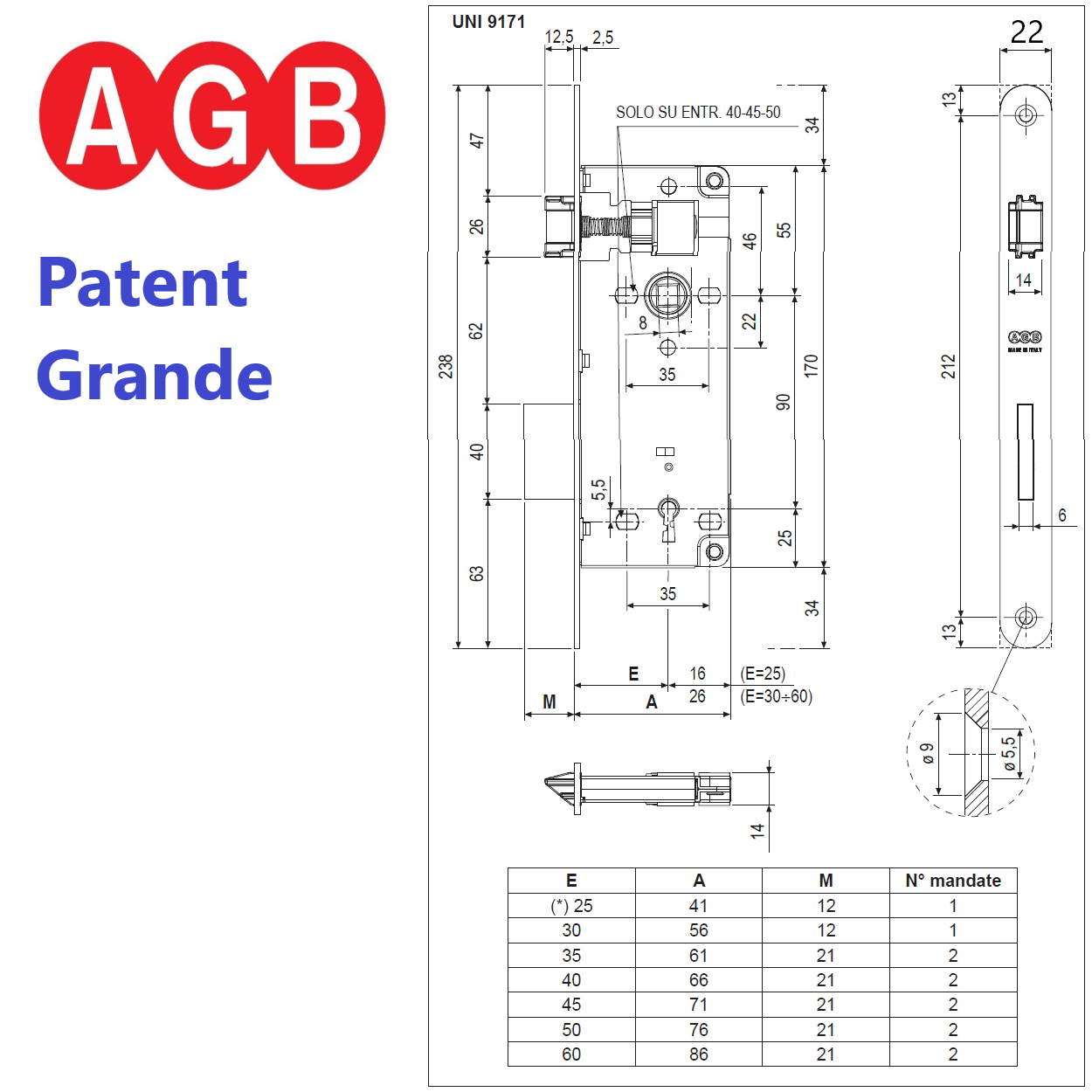Serratura AGB PATENT, Piastra Frontale 22x238, Fronte Quadro. - immagine 2