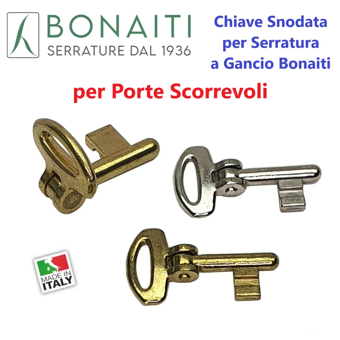 Chiave snodata per serrature a gancio Bonaiti di porte interne scorrevoli, cifratura standard n. 8.